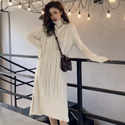 2018 mùa thu mới retro cổ cao xoắn áo len đan váy lỏng phần dài tay áo dài quần áo phụ nữ