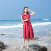 Mùa hè 2019 mới của phụ nữ váy retro Pháp Yamamoto trên đầu gối búp bê màu đỏ cổ áo váy đơn ngực - Sản phẩm HOT