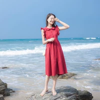 Mùa hè 2019 mới của phụ nữ váy retro Pháp Yamamoto trên đầu gối búp bê màu đỏ cổ áo váy đơn ngực - Sản phẩm HOT đầm dài qua gối