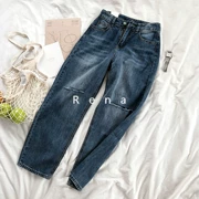 RENA đầu mùa thu đơn giản retro cũ rửa đầu gối màu xanh cắt cao eo là mỏng hoang dã thẳng jeans denim quần