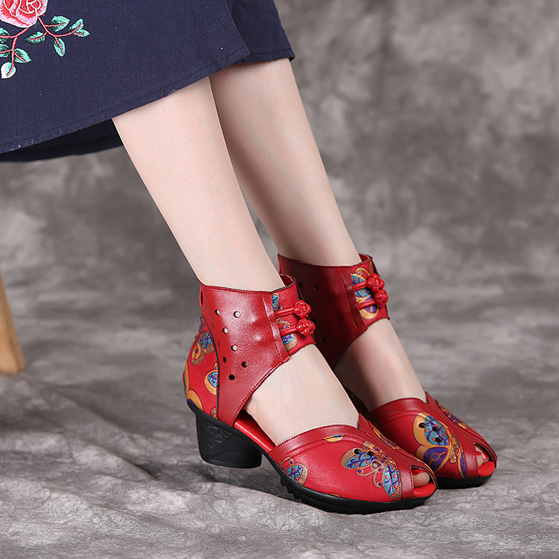 Redsummer mom Sandals female genuine leather Thick heel soft sole ethnic style Hollow out Middle aged and elderly Fish mouth cheongsam Women's Shoes Middle heel shoes