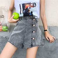 2018 new denim ngắn của phụ nữ thời trang không thường xuyên eo đơn ngực viền cao eo giảm béo quần chân rộng sinh viên quần bò chun