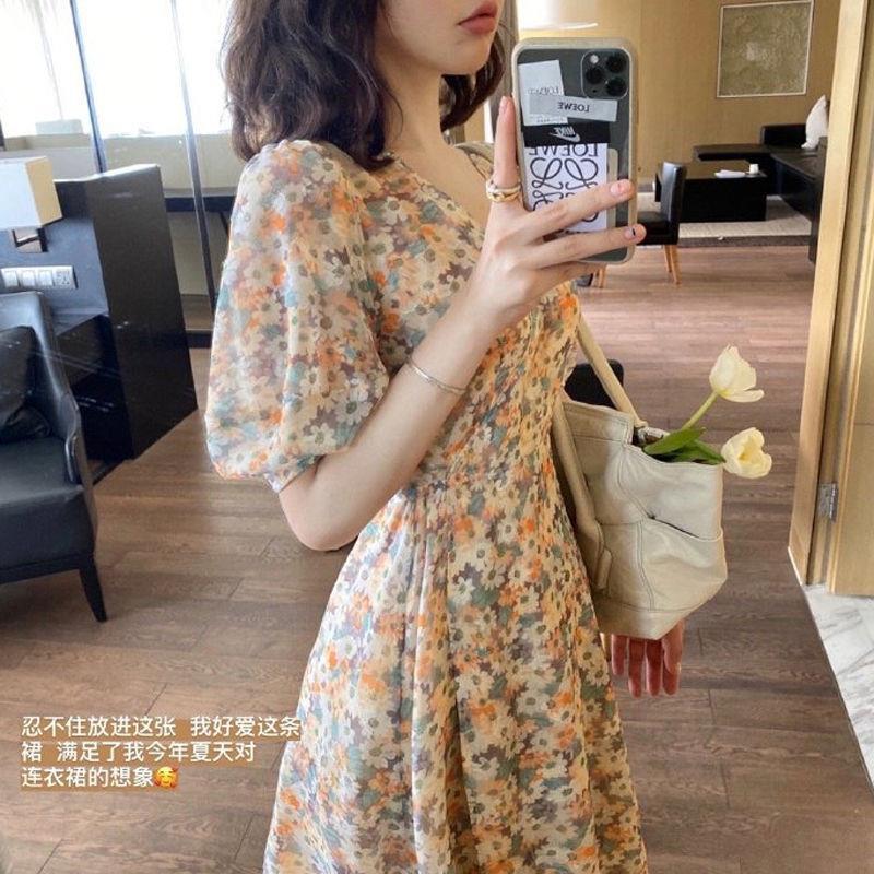 夏季新款韩版V领碎花复古连衣裙
