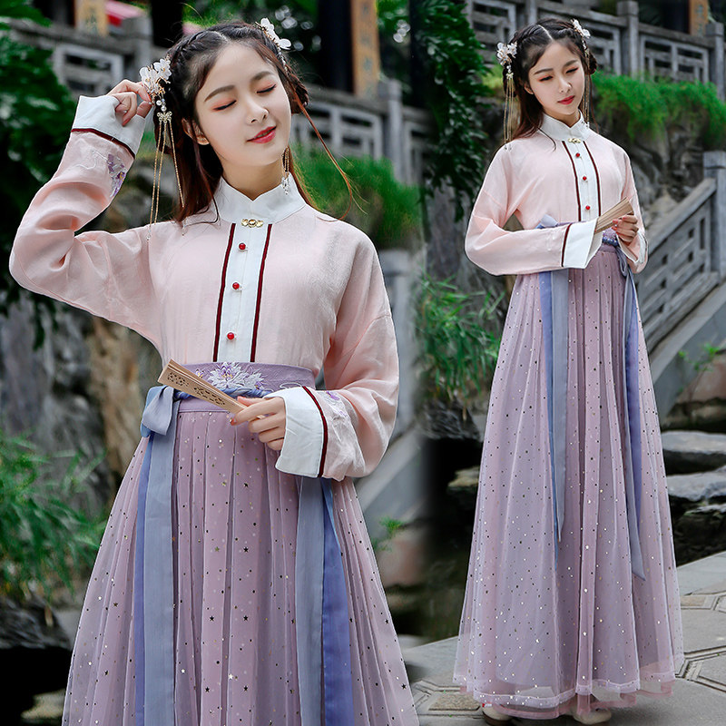 霓裳记日常汉服齐腰襦裙中国绣花汉元素气质仙女古装闪亮纱裙套装