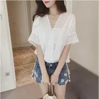 2018 mùa hè Hàn Quốc phiên bản mới lỏng trắng ren voan áo sơ mi nữ ngắn tay màu rắn rỗng V-Cổ voan áo sơ mi mẫu áo sơ mi đẹp