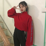 Đầu mùa thu mới Hàn Quốc phiên bản của ulzzang retro cao cổ áo sơ mi letter in dài tay áo chia ngã ba sinh viên áo len T-Shirt nữ