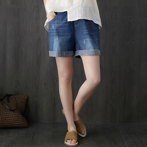 Kim sáng tạo xã hội mùa hè mới phong cách quốc gia cổ điển giản dị dây rút đàn hồi eo quần short denim