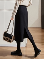 Расширенная черная шерстяная демисезонная приталенная юбка, изысканный стиль, свободный прямой крой, с акцентом на бедрах