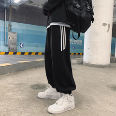 秋冬季新款韓版經典條紋運動褲加絨衛褲學生港風潮流寬鬆大碼肥胖休閒褲
