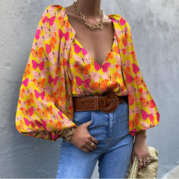 YellowCasualLooseButterflyPrintShirt Retro butterfly Long sleeve Condom V-neck jacket female