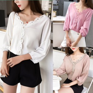 Fat mm200 kg mới của Hàn Quốc phiên bản của kích thước lớn lỏng V-Cổ voan áo sơ mi nữ ren khâu siêu cổ tích ngắn tay áo nước ngoài