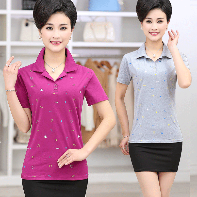 Phụ nữ trung niên của mùa hè đầm ve áo in ngắn tay áo thun 40-50 tuổi mẹ nạp trung niên của phụ nữ bông áo sơ mi