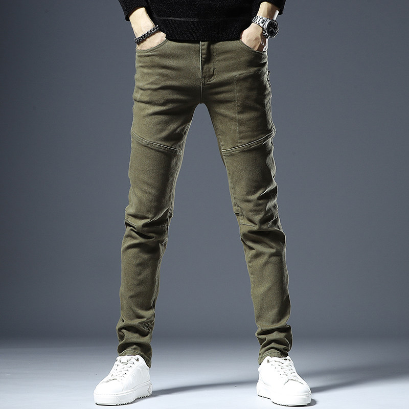 2022 Autumn new men's green jeans, a trendy men's fashion brand, slimming and petite, personalized patchwork motorcycle casual pants