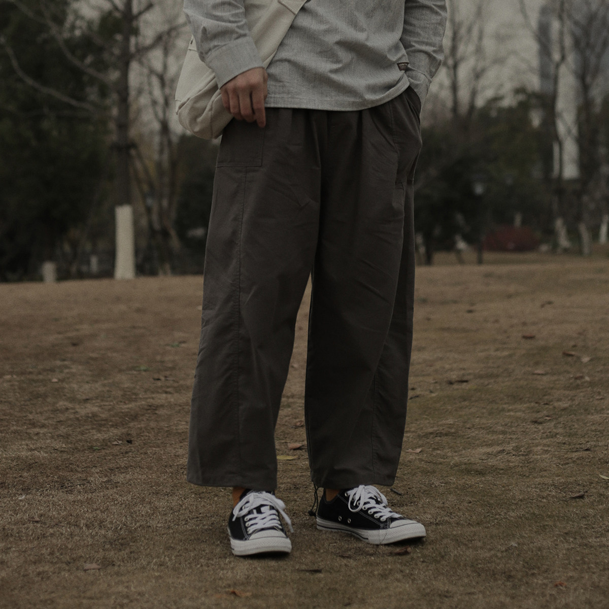 夏季薄款 复古褶边阔腿宽松工装裤男 日系直筒百搭九分休闲裤男潮