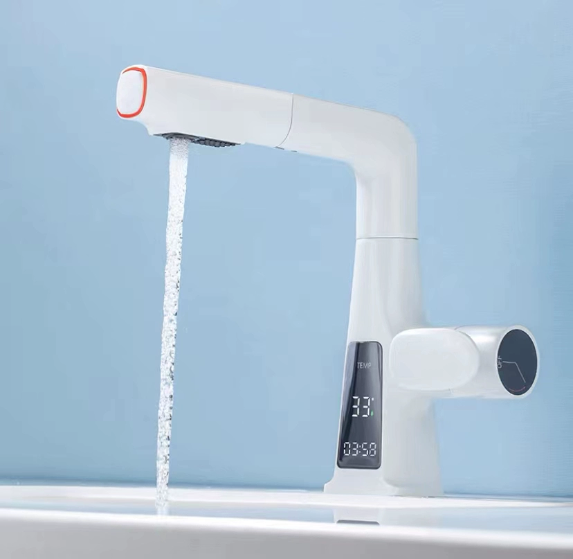 Vòi hiển thị kỹ thuật số dạng kéo màu xám súng vòi cảm biến nâng nước nóng lạnh vòi nước cảm biến Vòi cảm ứng