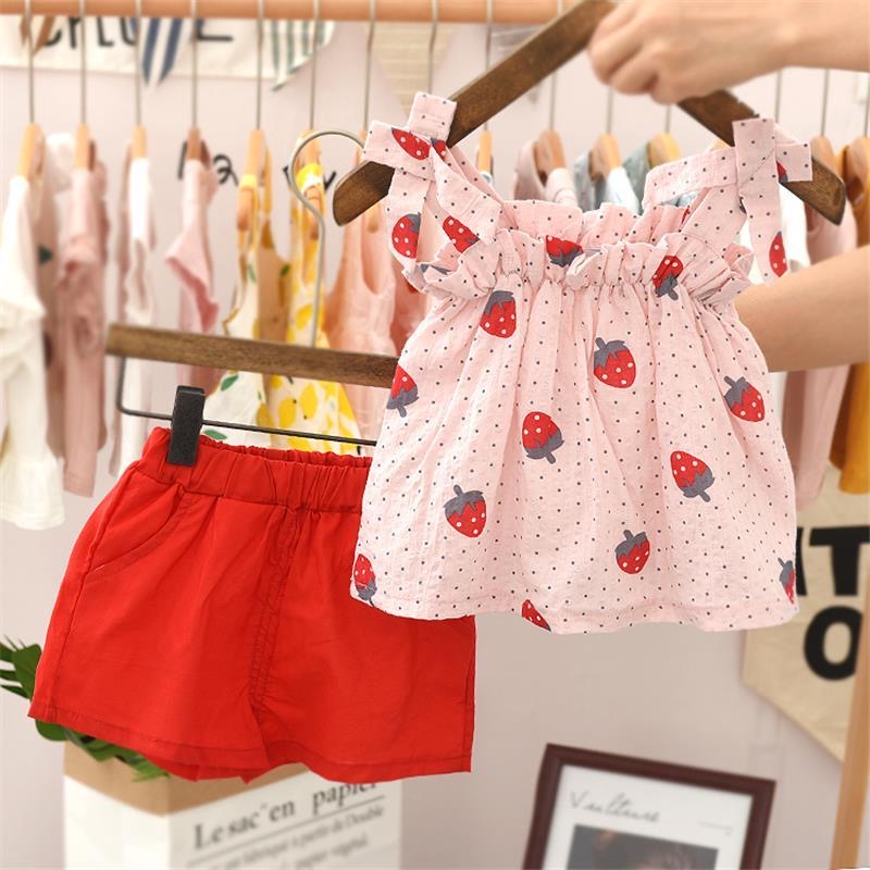 Strawberry PowderChildren's wear 2021 summer new pattern children lattice suit girl baby Foreign style wing Halter tops shorts Two piece set