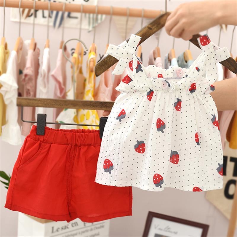 Strawberry WhiteChildren's wear 2021 summer new pattern children lattice suit girl baby Foreign style wing Halter tops shorts Two piece set
