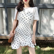 Hồng Kông hương vị sang trọng Hàn Quốc phiên bản của bộ đơn giản của ngắn tay T-shirt + thời trang sóng điểm ống top lá sen dress hai mảnh phụ nữ
