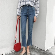 Mùa xuân nữ Hàn Quốc phiên bản của Hồng Kông hương vị chic gió retro irregular micro-la quần đa năng cao eo là mỏng chín điểm jeans triều