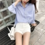 Hồng Kông-phong cách chic phong cách tính khí POLO cổ áo đơn ngực cardigan áo sơ mi của phụ nữ loose pocket dài tay áo sơ mi mỏng triều váy áo sơ mi