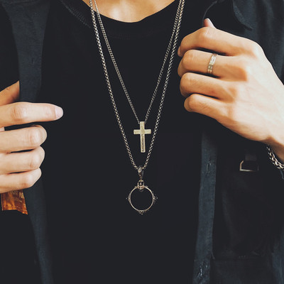 Lace Big Finger Necklace + Cross NecklaceChaozhou people hiphop Ring Necklace ins Tuku Europe and America disco dancing men and women tide Tiktok Pendants Hip hop multi-storey Accessories