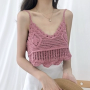 Mùa hè cô gái mới phần ngắn V-cổ phần mỏng đan nhỏ sling nữ cảm giác mỏng dây đeo vai openwork vest top triều