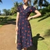 Mùa hè mới retro lady tính khí V-Cổ ngắn tay đầm cao eo bọc cherry in kỳ nghỉ ăn mặc mẫu váy khoét eo	 Váy eo cao