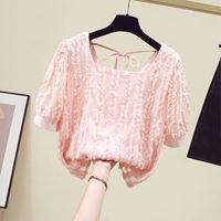 Розовый кружевной летний топ, дизайнерская рубашка, французский стиль, квадратный вырез, тренд сезона, рукава фонарики