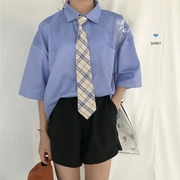 F và Z retro thích hợp Harajuku phong cách chic với tie ve áo màu xanh ngắn tay cao đẳng áo sơ mi nữ