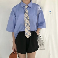 F và Z retro thích hợp Harajuku phong cách chic với tie ve áo màu xanh ngắn tay cao đẳng áo sơ mi nữ mẫu áo sơ mi đẹp