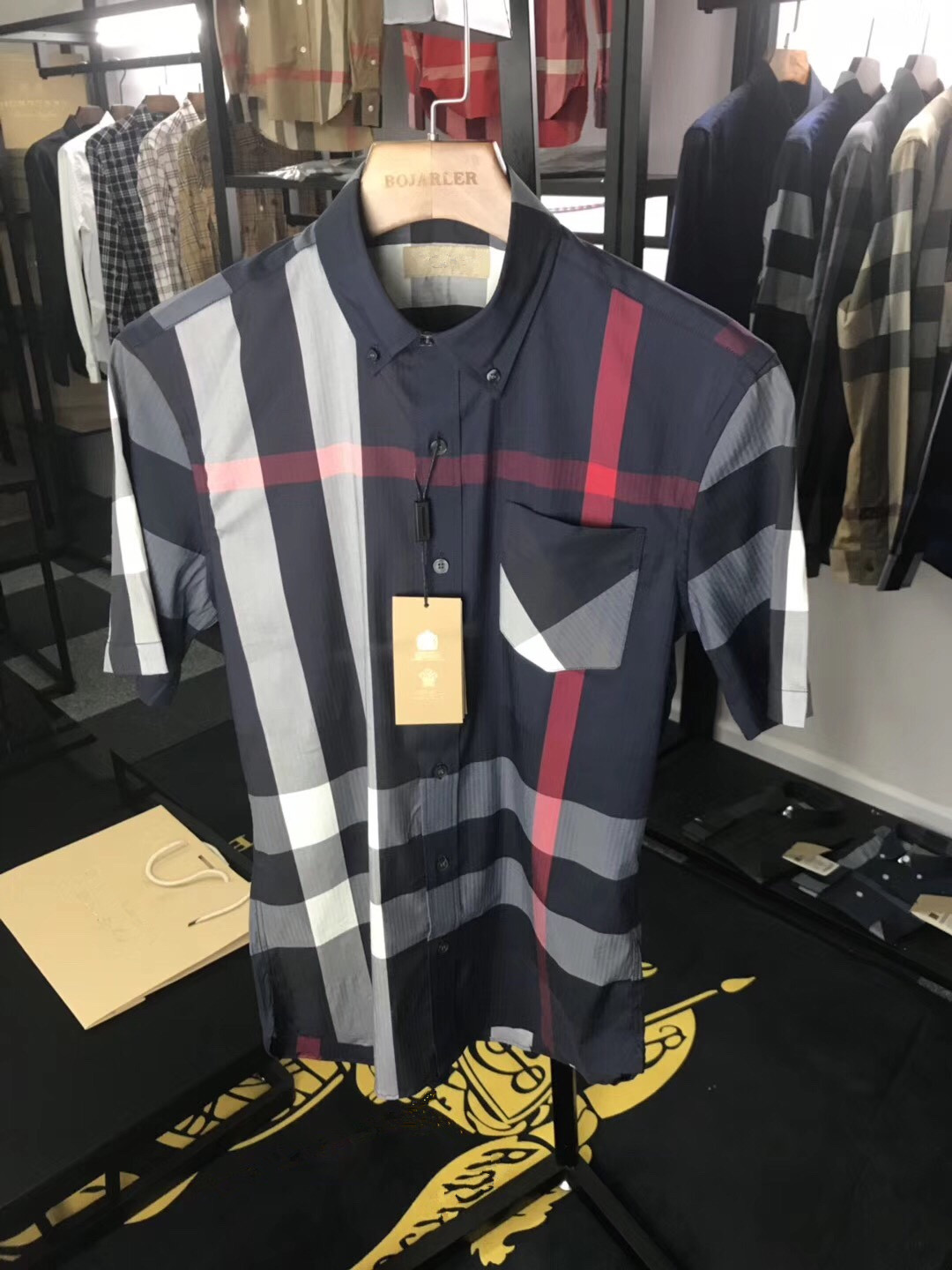 Dark Bluenew pattern Europe and America lattice shirt men's wear home Short sleeve lovers classic letter rainbow Britain Check pattern Big size shirt b