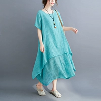 Комплект, летнее ретро этническое платье, длинная юбка, из хлопка и льна, этнический стиль, оверсайз, большой размер, короткий рукав, с рукавом