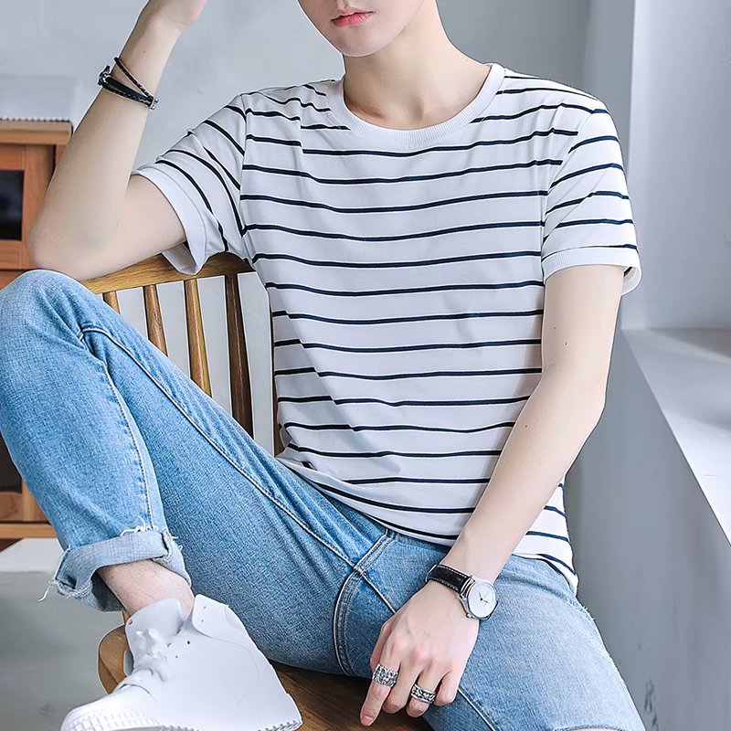WhiteShort sleeve T-shirt male summer Port style Korean version trend bf Versatile stripe jacket leisure time lovers student Half sleeve Compassionate