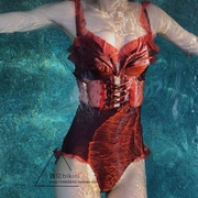 Quần lửng lưới màu đỏ với kỳ nghỉ áo tắm một mảnh nữ kích cỡ ngực tụ tập gầy gò bụng gợi cảm - Bộ đồ bơi One Piece