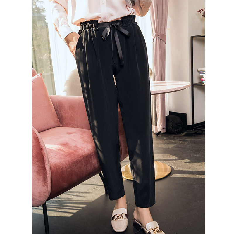 2018 mùa hè mới quần hậu cung lụa dâu tằm tơ lỏng lẻo kích thước lớn màu đen tie đàn hồi eo chín quần phụ nữ