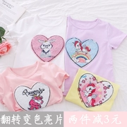 Áo thun cotton bé gái có thể đảo ngược màu sequin ngắn tay 2019 hè quần áo trẻ em sơ mi mỏng - Áo thun