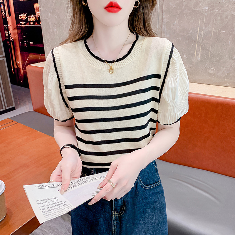 French Bubble Sleeve Stripe Knitted T-shirt Women's Summer 2023 New Fake Two Piece Temperament Versatile Short Sleeve Top