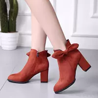 Châu âu và Hoa Kỳ mùa thu và mùa đông mới caramel màu boots ngắn suede bow side dây kéo chỉ dày với kích thước lớn ngắn nữ khởi động giày nữ