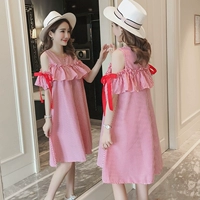 Thai sản dress mùa hè 2018 mới của Hàn Quốc mô hình thời trang cho con bú áo khoác bị rò rỉ vai bướm dài mang thai phụ nữ ăn mặc đầm bầu thời trang