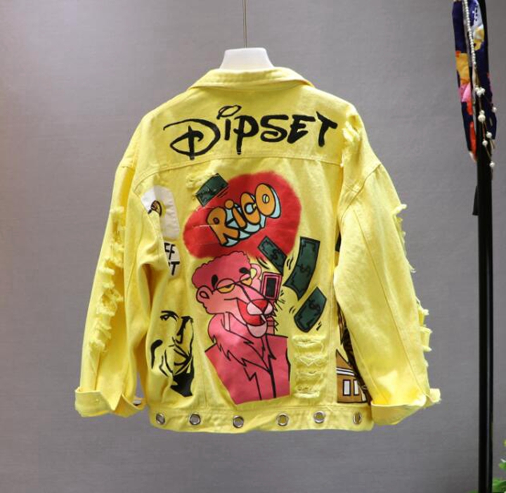 YellowThai fashion brand spring and autumn new pattern heavy industry hole chain Wash denim letter Graffiti printing Jacket personality loose coat