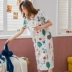 Váy ngủ nữ mùa hè cotton ngắn tay đồ ngủ phụ nữ lỏng lẻo Trang phục sinh viên Hàn Quốc dịch vụ nhà dài đoạn đầu gối - Đêm đầm váy sát nách Đêm đầm