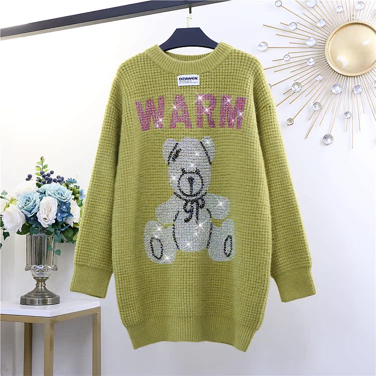 GingerEuropean station 2021 early spring new pattern Fashion bear Hot drilling Medium and long term thickening sweater easy Lazy wind Undershirt