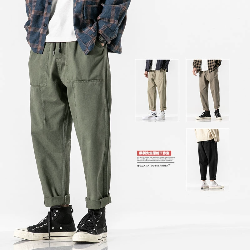 "Thêu màu đỏ" mùa xuân xu hướng Mỹ nam thẳng quần yếm Nhật Bản quần dài giản dị - 3/4 Jeans