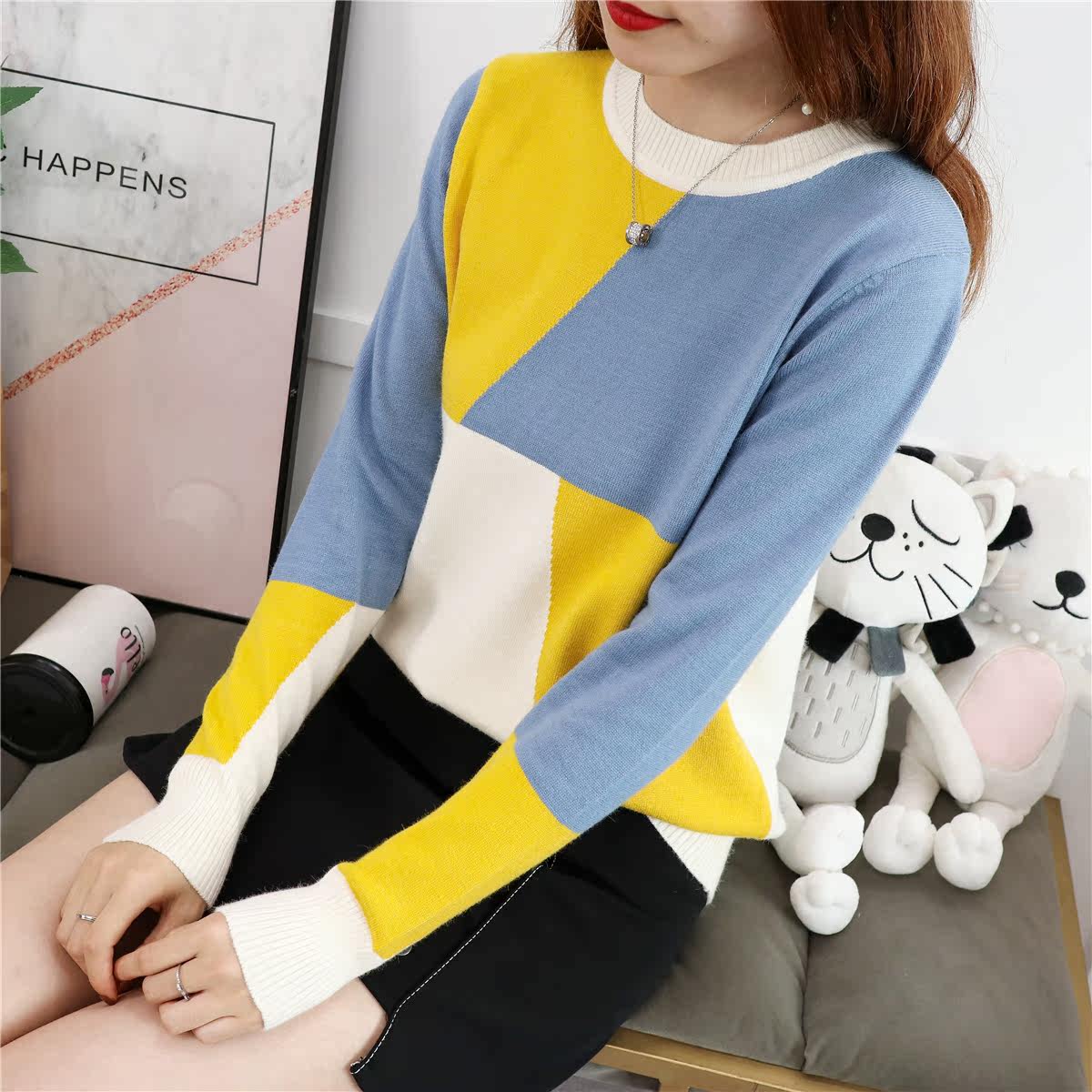 现货秋装长袖显瘦拼色毛衣针织衫新款女装羊毛韩版打底衫
