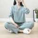 Đồ ngủ gạc cotton Nhật Bản của phụ nữ mùa hè không cổ áo cardigan dịch vụ nhà màu sắc ngọt ngào mùa xuân và mùa thu mỏng phần dài tay áo phù hợp - Bộ Pajama