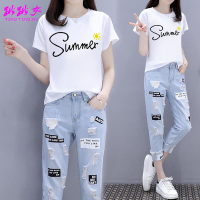 单件/套装 夏装2021新款短袖T恤+破洞九分牛仔裤两件套女学生韩版