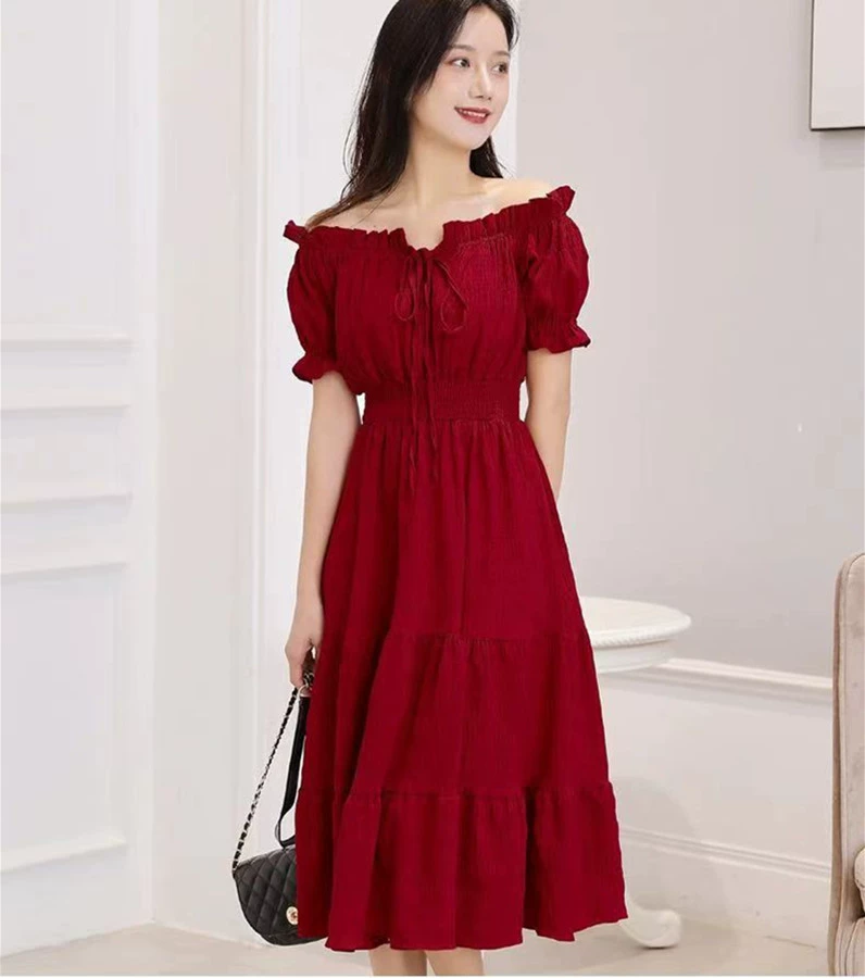 Mùa hè mới một dòng cổ áo màu đỏ váy đỏ của phụ nữ niche mỏng hơn váy cổ tích eo đàn hồi tính khí váy dài - váy đầm