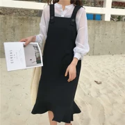 Mùa hè phiên bản Hàn Quốc mới của chic lỏng giảm béo hoang dã dài màu đen dây đeo váy sinh viên dây đeo nữ