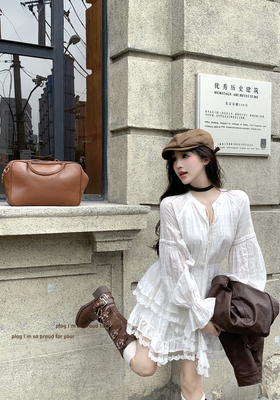 taobao agent White lace fitted dress with sleeves, brace, mini-skirt, lace dress, long sleeve, A-line