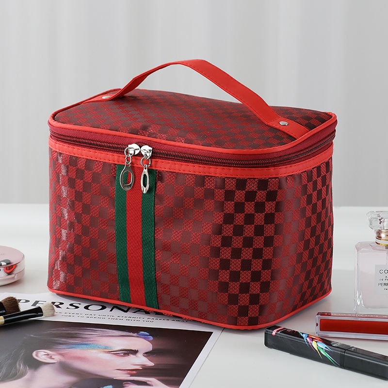 Large Check Wine Redmulti-function Cosmetic Bag female Portable 202021 new pattern Superfire ultra-large capacity product storage box Advanced sense suitcase